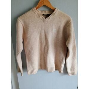 Timberland beige men's V-neck pullover sweater made from 100% lambswool medium